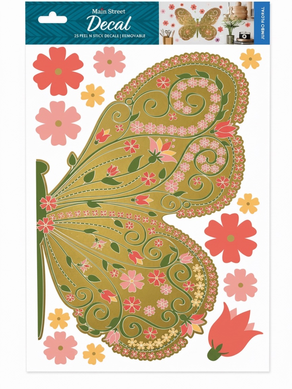 Gold Butterfly Wall Decal Floral Peel & Stick Removable Large Wall Art NEW